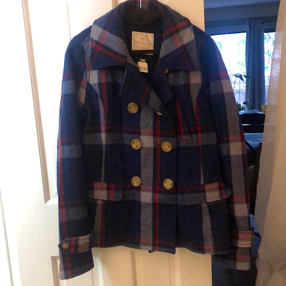 American Eagle Navy, Red and White Plaid Wool Peacoat